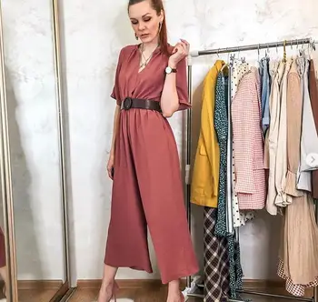 

2019 Summer Women Rust Red Color V-neck Jumpsuits Short Sleeves Wide Leg Rompers With PU Belt combinaison femme