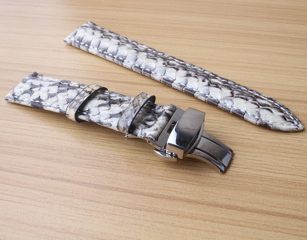 Специальная змеиная кожа Ремешки для наручных часов ремешок белый с черным смешанных цветов часы аксессуары с Серебряная металлическая застёжка 20 мм 22 мм Мужская