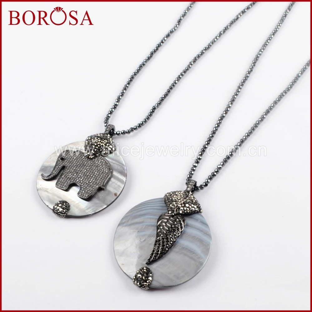 

BOROSA 2/3PCS New 30inch Round Grey Shell Pendant Micro Pave CZ Elephant/Wing Pattern Charm Hematite Beaded Necklaces JAB865