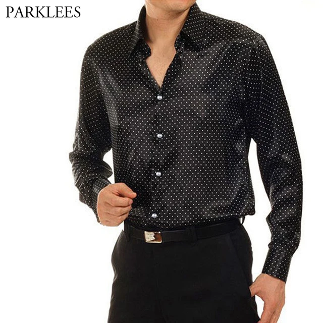 Polka Dot Black Silk Dress Shirt Men 2019 New Slim Fit Long Sleeve Mens