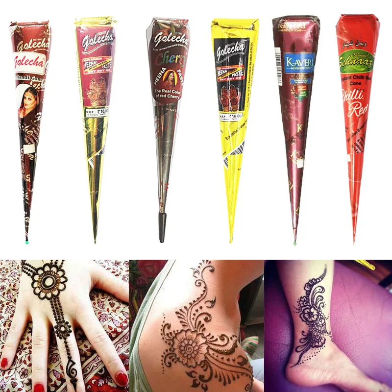 

6 Colors Indian Henna Paste Temporary Tattoo Waterproof Body Paint Henna Art Black Brown Cream Cone For Stencil Mehndi Body Art