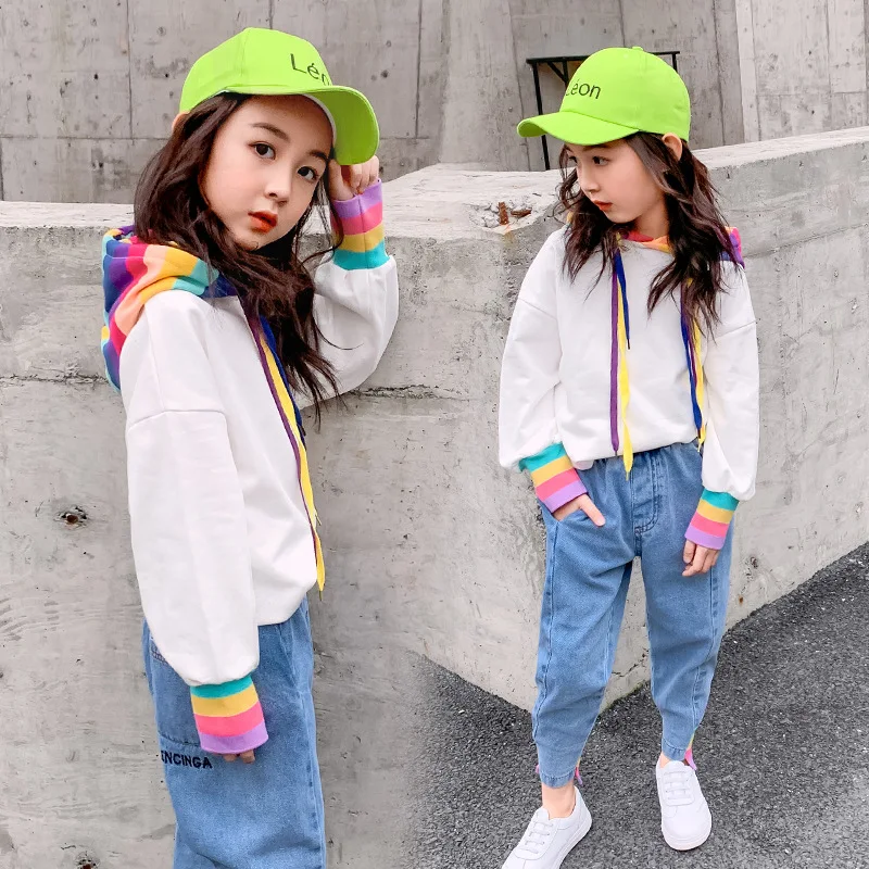 

Children Clothing Girls Set Spring Autumn Hooded Tops +Denim Pants Casual Sports Long Sleeve Two-piece Suits for Kids 4-12 Years