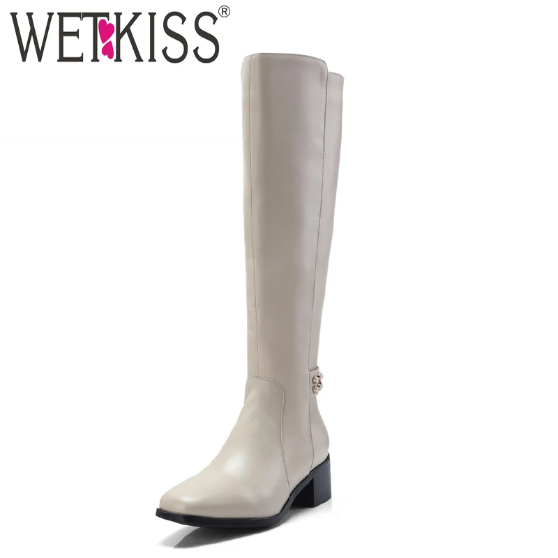 

WETKISS New Knee High Women Boots Square Toe Thick Heels Footwear Cow Leather Female Boot Fashion Pearl Shoes Women 2018 Winter