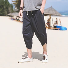 Мужские шаровары с широким шаговым швом, свободные летние большие укороченные брюки, широкие шаровары в китайском стиле, льняные мешковатые A119-1975