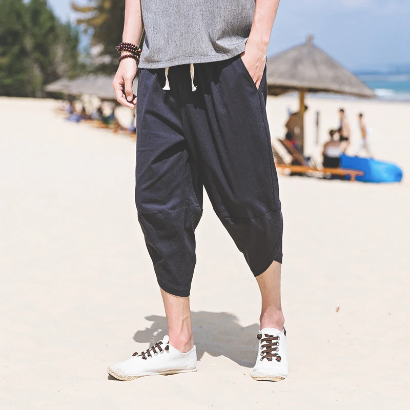 

Men's wide crotch harem pants loose summer large cropped trousers wide-legged bloomers Chinese style flaxen baggy A119-1975
