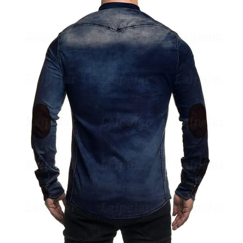 Laipelar Повседневное Джинсовые рубашки 2018 Новый длинным рукавом Лоскутная сорочка шить джинсовые Блузка Slim Fit Мужская рубашка Homme Plus Размеры