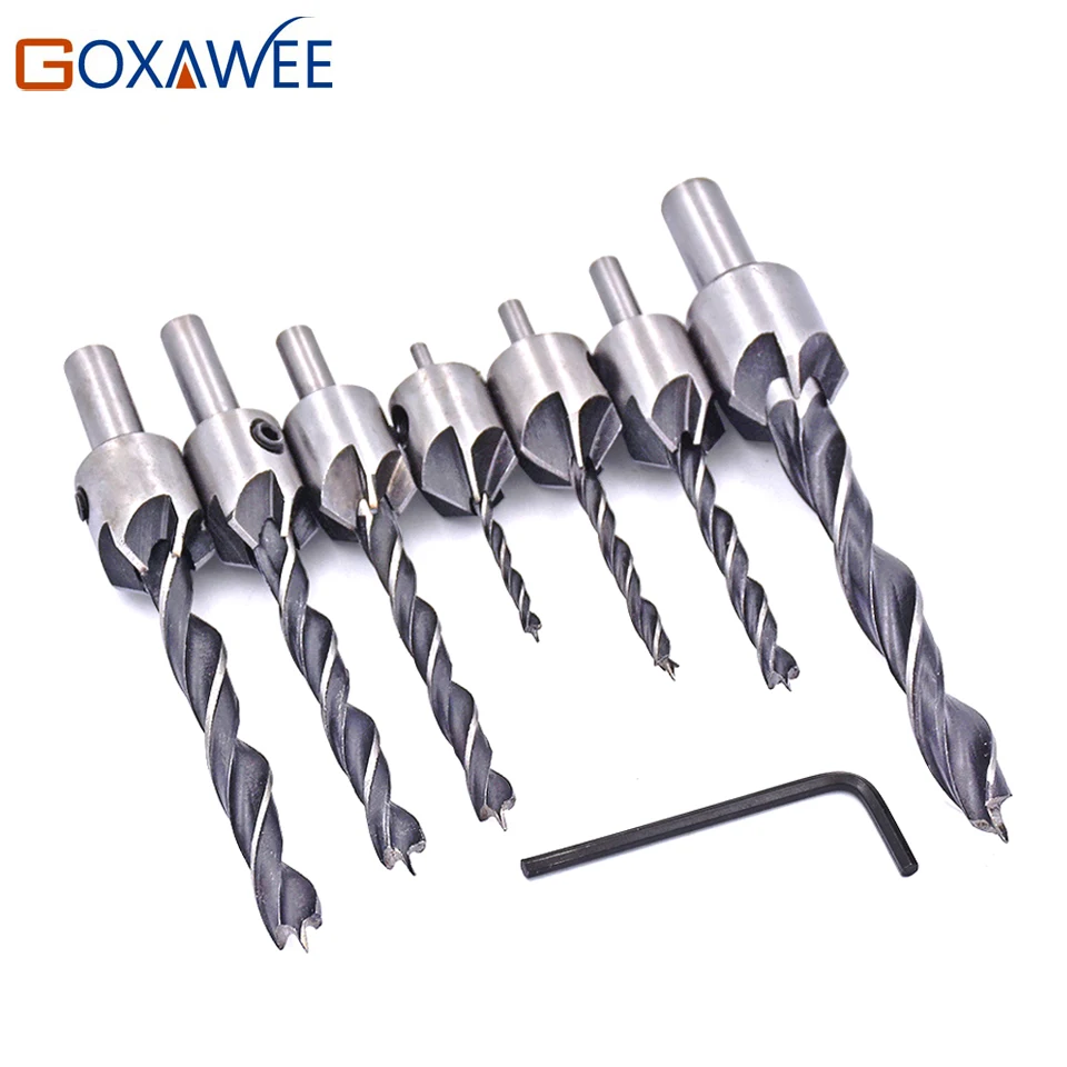 GOXAWEE 7pcs HSS 5 Flute Countersink Drill Bit Set Reamer Chamfer Wood Quick Change Steel Screw | Инструменты
