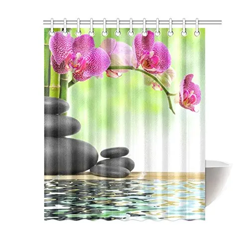 Zen Basalt Stones and Bamboo Japanses Polyester Fabric Shower Curtain