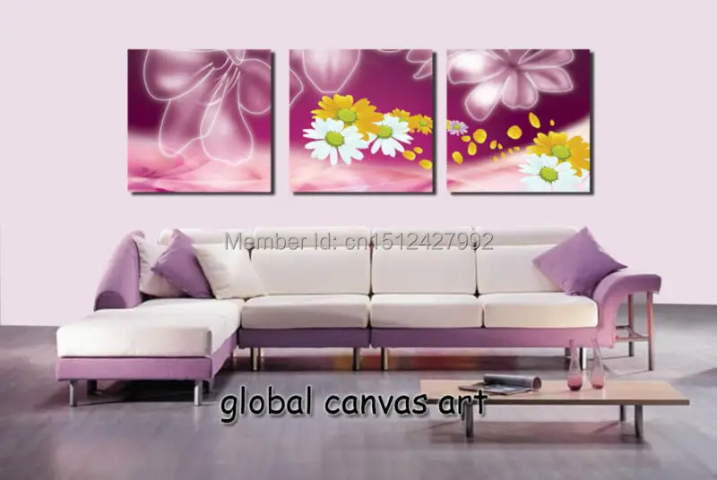 3pcs Modern Home Decoration Wall Art Picture Yellow White Flower On 3pcs Modern Home Decoration Wall Art Picture Yellow White Flower On Purple Canvas Print Oil Painting For Living Room In Calligraphy
