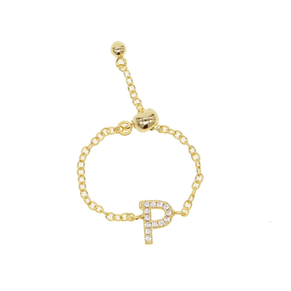 

Unique adjust 26 Alphebet ring with thin tiny link chain delicate mini meaningful first name letter cute micro pave cz customize