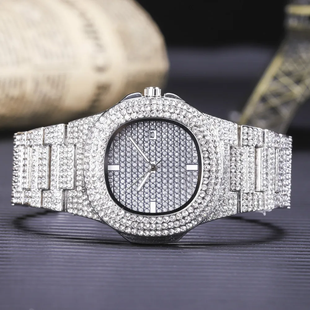Роскошные часы в стиле хип-хоп с бриллиантами, мужские ювелирные часы, браслет и ожерелье, комбинированный набор, знак доллара, кулон, ледяной кубинский браслет