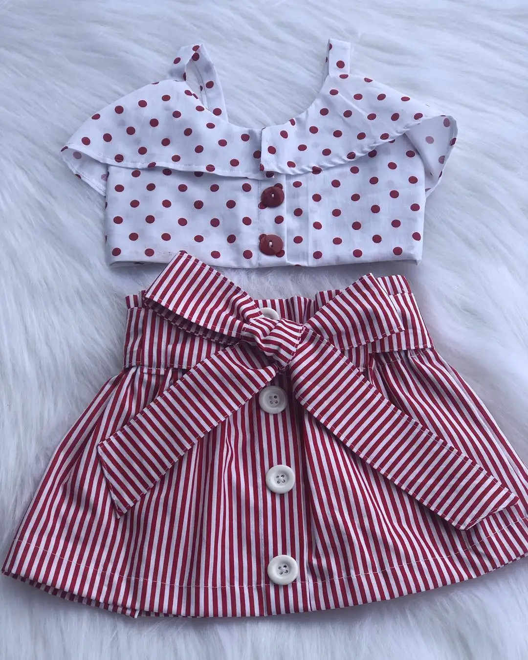 

arrival Kid Baby Girls Dot Crop Ruffle Tops Striped Bowknot Button Skirts Outfits 2PCS Set Sunsuit 1-6Y