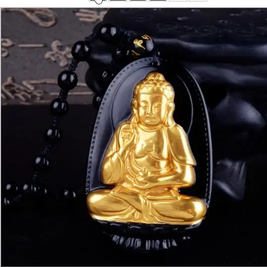 

free shipping New Bangle Bracelet High Quality Gold+ Natural Black Obsidian Carved Buddha Luck pendant