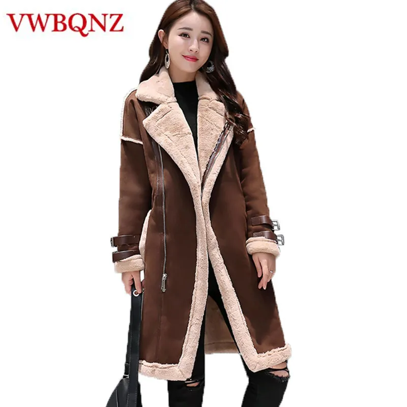 

Winter Women Jacket Brand Clothing Top Loose Deerskin lambs wool Warm Coats Fashion Casual Cotton Long Outerwear Black caramel