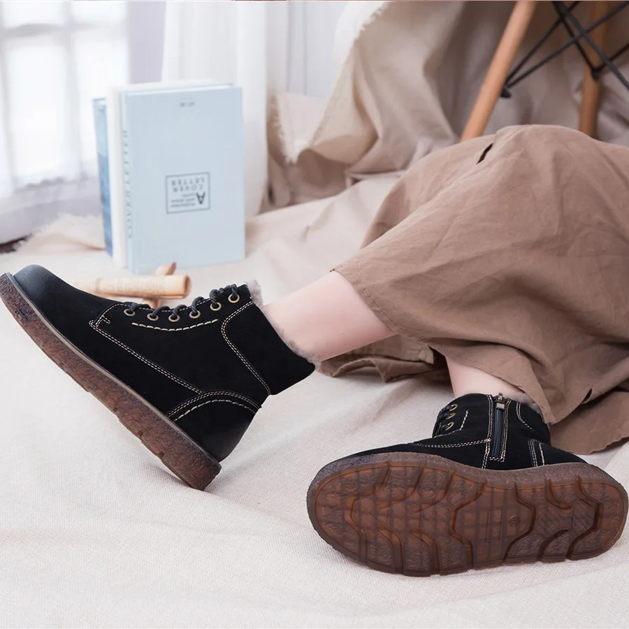 BELISS ankle boots women genuine leather 2018 casual warm fur comfortable lace up flats winter boot for women   (3)