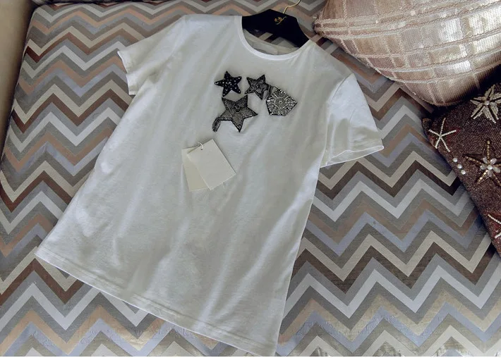 Short Sleeve Woman Round Neck Pullover Self-cultivation Rhinestone Nail Pearl Stars Stamp T Shirt M White Heavy Jacket | Женская одежда