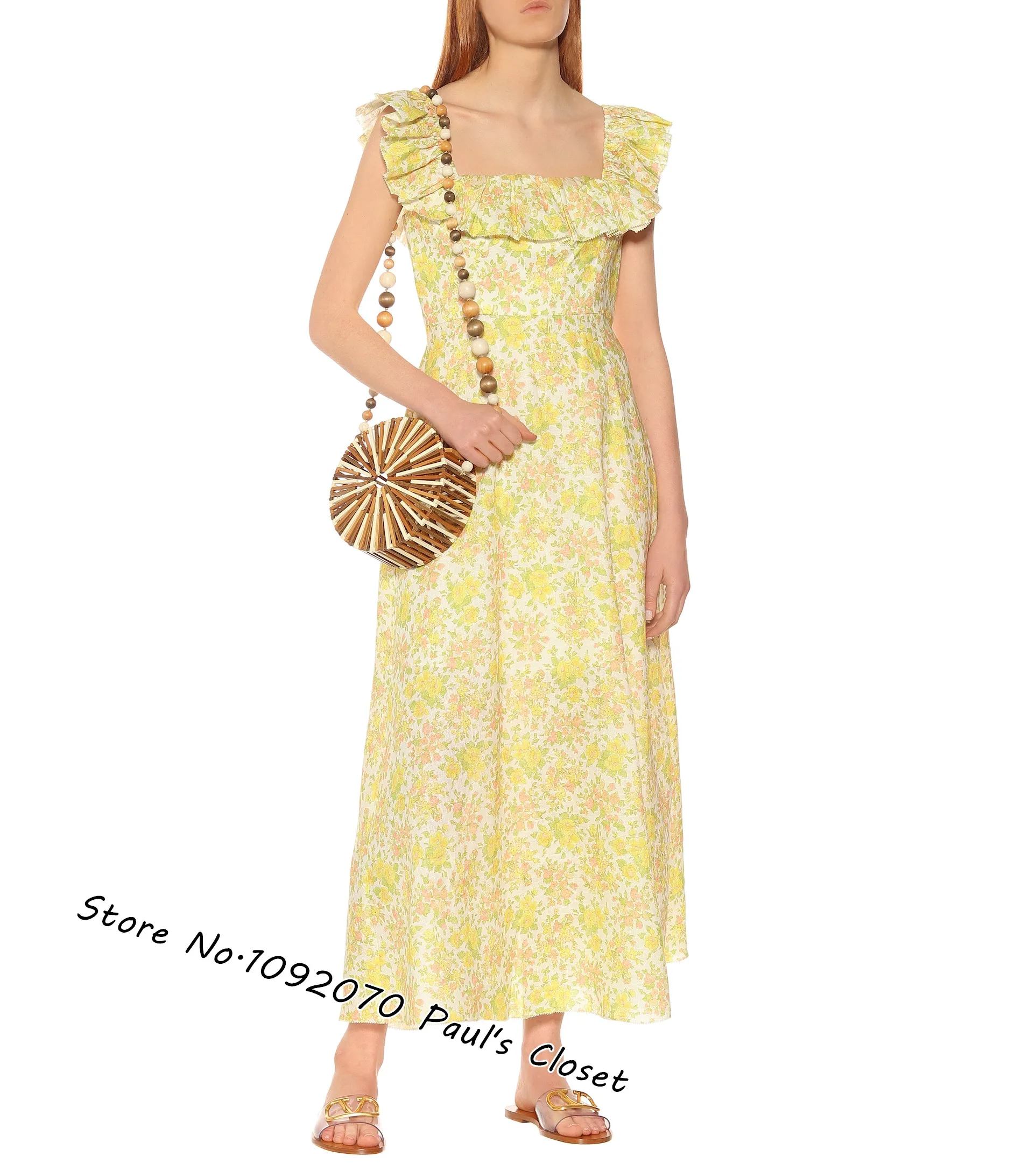 

Women Citrus Floral Square Ruffle Neck Long Dress Printed Linen Maxi Dress