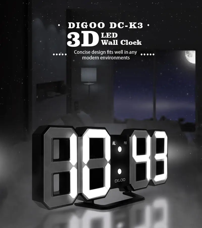 Digoo DC-K3, 8 дюймов, многофункциональный, большой, 3D светодиодный, цифровые настенные часы, будильник с функцией повтора, 12/24 часовой дисплей, безопасность