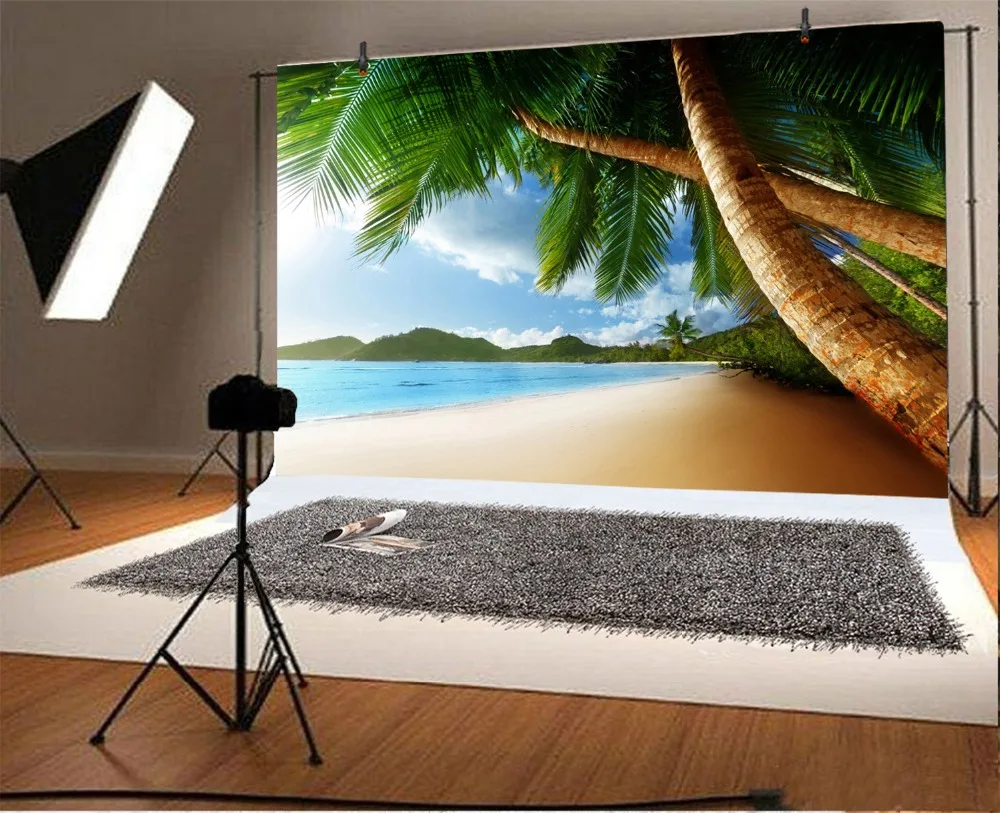 Laeacco Beach Blue Sky Summer Sea Palm Tree Scenic Photography Backgrounds Customized Photographic Backdrops For Photo Studio