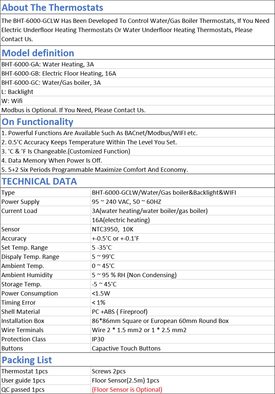 BHT-6000-GBLW wifi умный беспроводной термостат пол с подогревом система работает с Alexa Google Home 16A