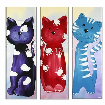 

Modern Canvas Cartoon Handmade Three panels Cute Cats Oil Canvas Painting For Children's Room Home Wall Art Decoration