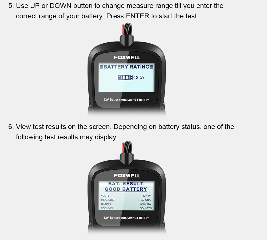 FOXWELL BT100 PRO 6 в 12 В автомобильный аккумулятор тест er для затопленного AGM гель 100 до 1100 CCA 200 AH Тест 6 в 12 Вольт Автомобильный анализатор