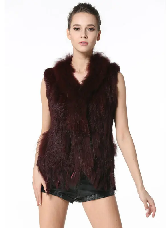 Cheappest Classic Womens Real Knitted Rabbit Fur Vest with Raccoon Fur Collar and Fur Tassels Slim Vest Fur Waistcoat S-3XL