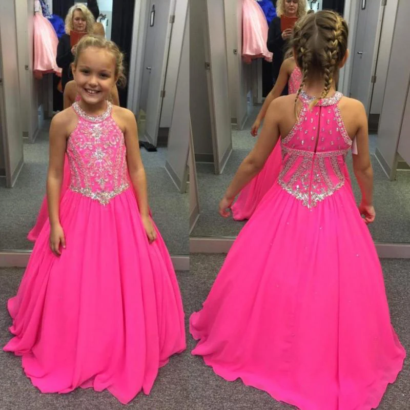 

2018 Lovely Fuchsia Beaded Crystals Girls Pageant Dresses A Line Halter Neck Kids Celebrity Evening Prom Party Gowns Custom Made