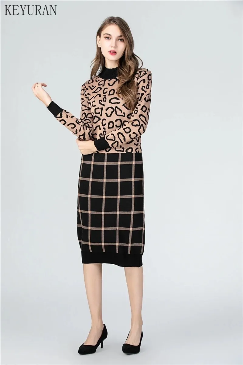 

2019 Autumn Winter Fashion New Casual Pullovers Women Loose Female Knitted Sweater Dress Long Sleeve Leopard Plaid Dresses L2715