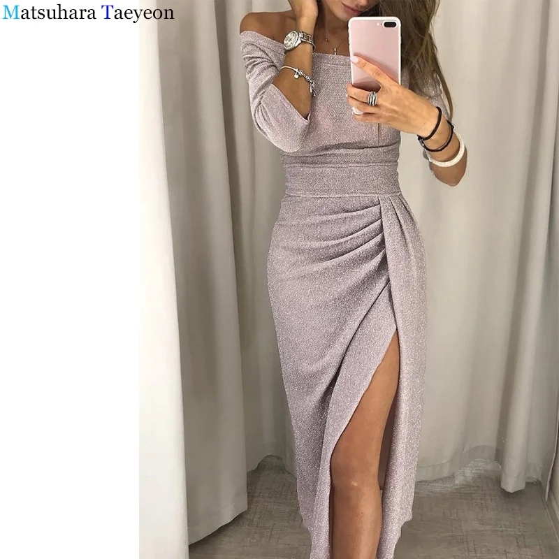 

Sexy Off Shoulder Party Dress Women Sleeve Bright Silk Shiny New Arrival Fashion Three Quarter High Slit Pep lum Bodycon dresses