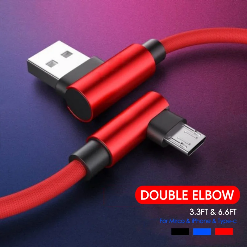 2 м Micro USB кабель 2.4A быстрое зарядное устройство USB шнур 90 градусов локоть Nylona плетеный кабель для передачи данных для samsung Xiaomi iphone Android телефон