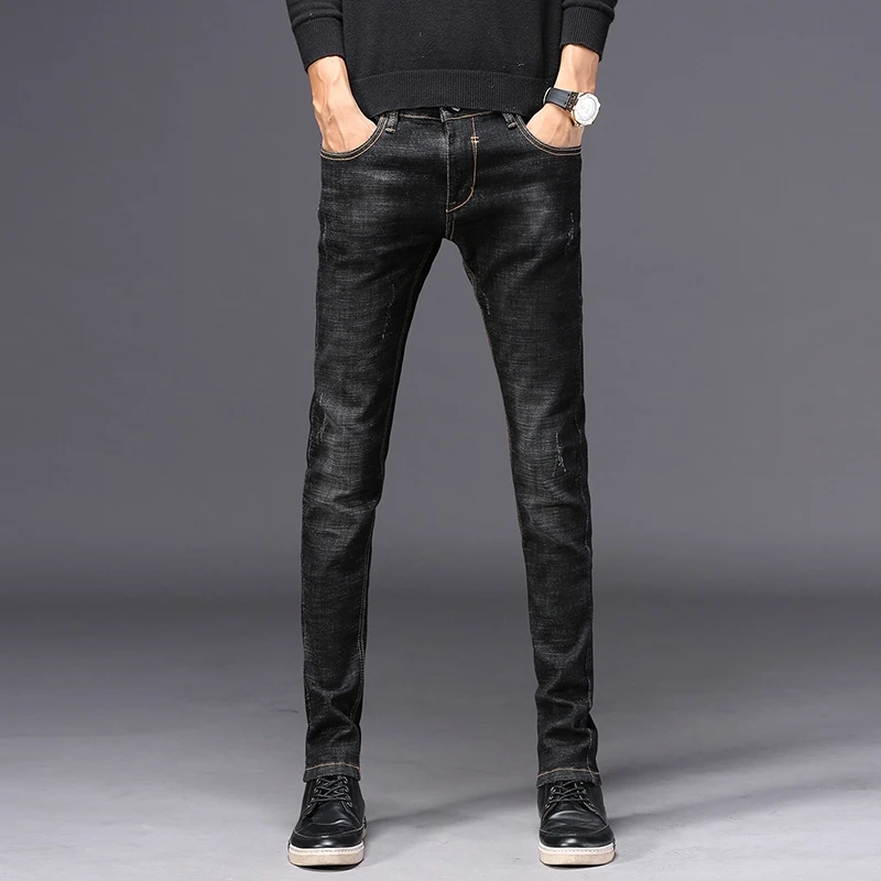 Men Denim Trousers Simple Style Scratched Men's Jeans Fashion Blue Slim