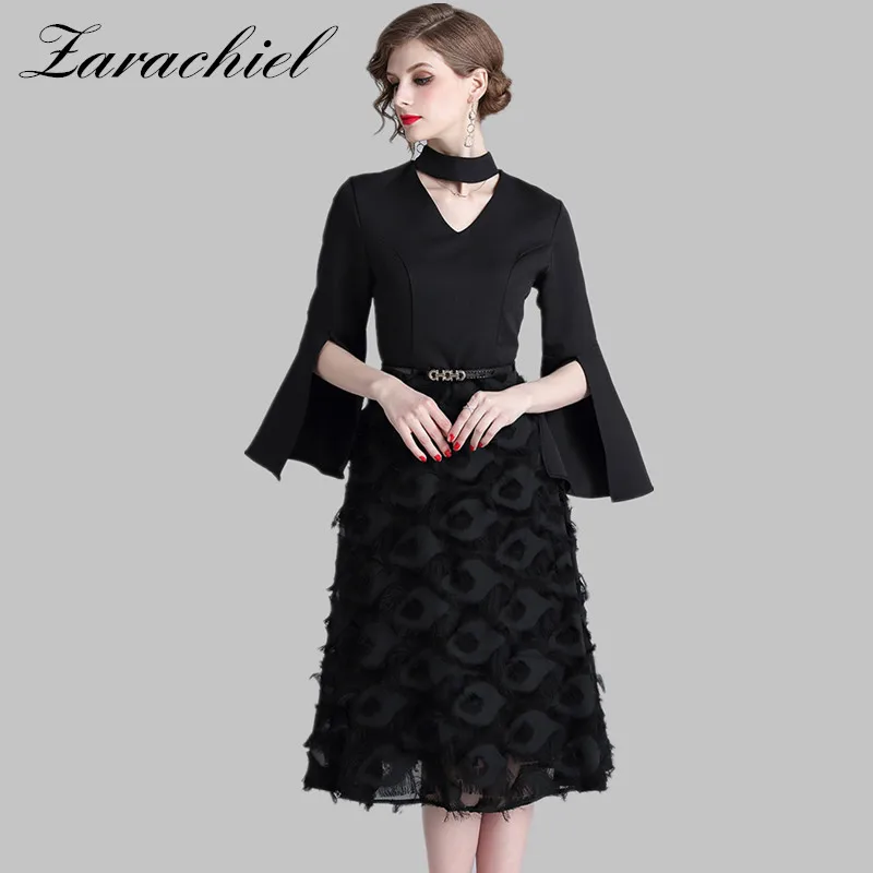 

Split Flare Sleeve Choker V Neck Office Lady Dress 2019 New Women OL Elegant Tassels Feathers Patckwork Black Spring Midi Dress