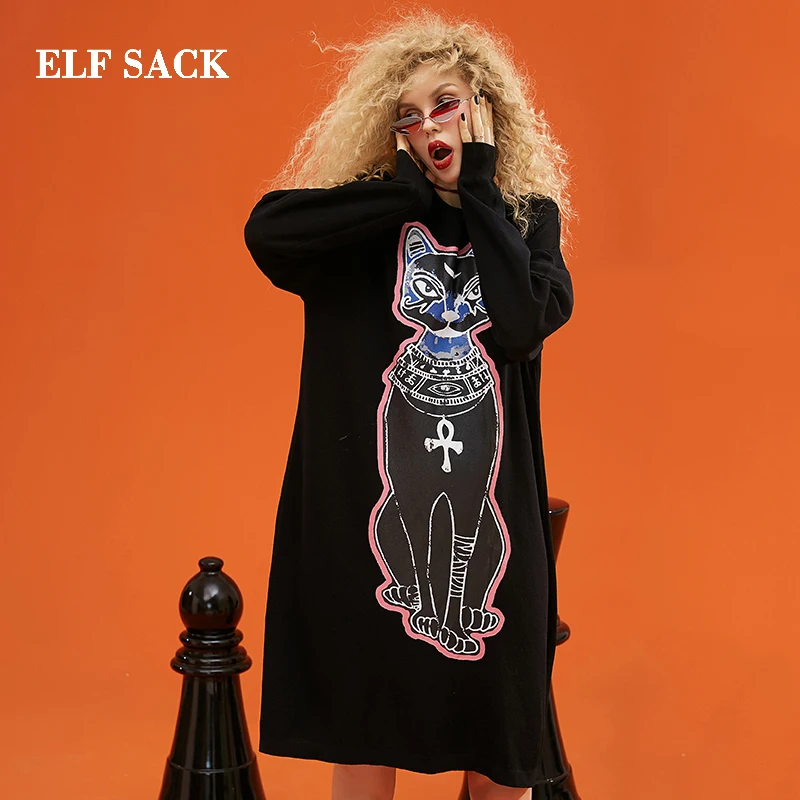 

ELF SACK New Stylish Dress Woman Casual Straight Cat Print Female Dresses Knee-Length O-Neck Femme Vestido Women Party Dresses
