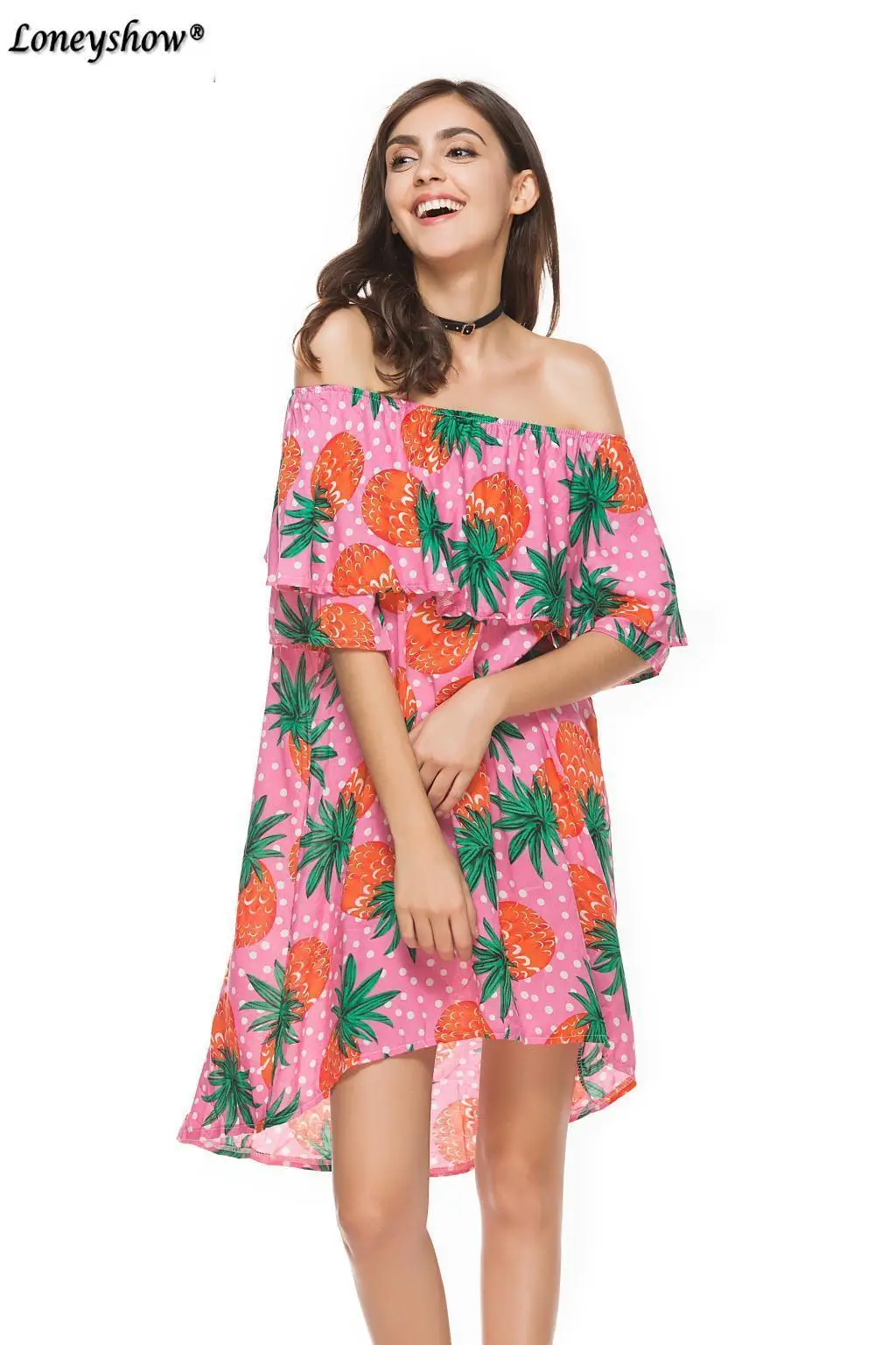 Loneyshow Summer 2018 Off Shoulder Sexy Print Loose Dress Slash Neck Pineapple Women | Женская одежда