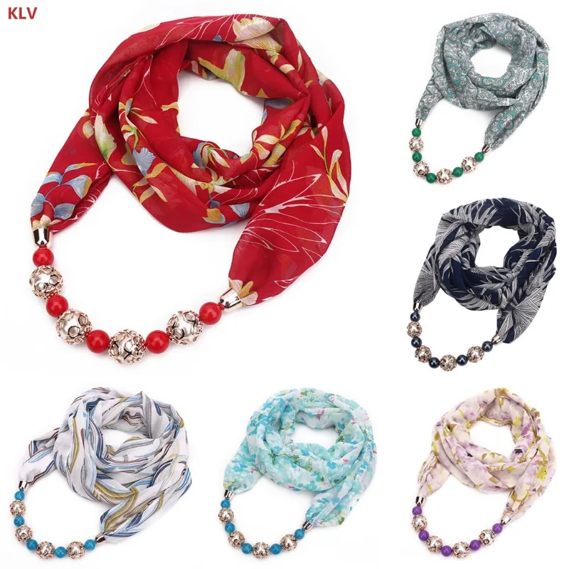 

KLV Women Floral Printing Scarf Chiffon Necklace Pendant Jewelry Headwrap Hijab Soft
