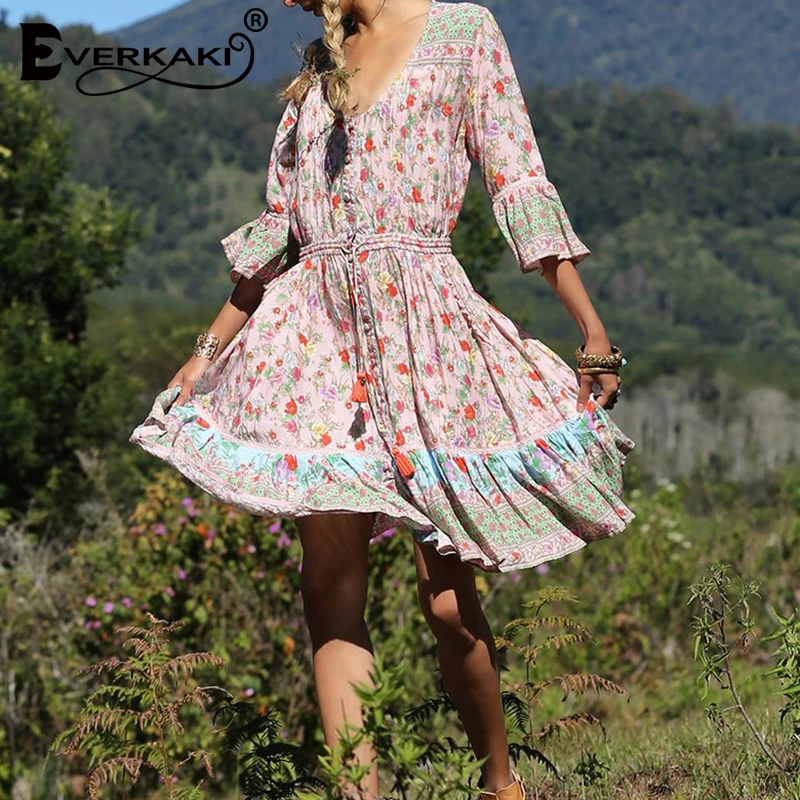 Everkaki Boho Цветочный принт платье Для женщин Gypsy V шеи Регулируемый Ленточки пояс связали Наряды Бохо женский 2019 новые летние