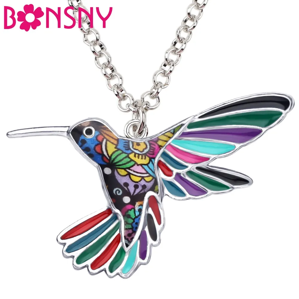 Bonsny Statement Enamel Alloy Hummingbird Bird Necklace Pendant Chain Fashion Vintage Jewelry For Women Girls Gift Accessories