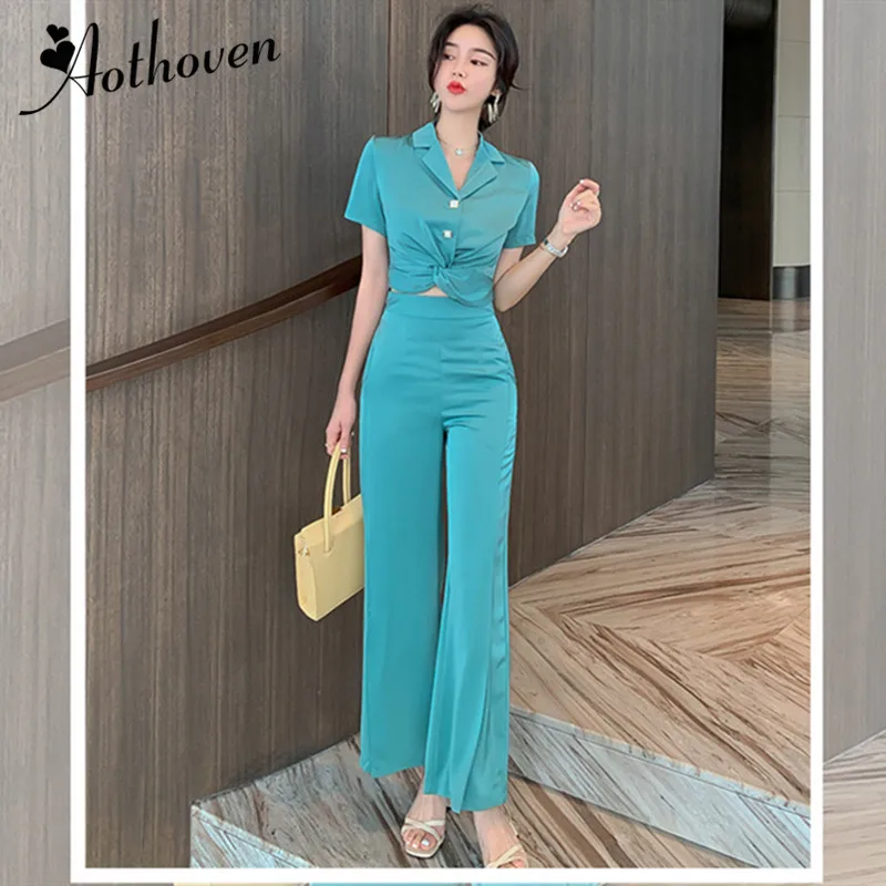 

Two Piece Set 2019 Summer Office Classy Business Suit Women Casual Short Sleeve Suit Tops and Full Straight Pants 2 Piece Sets