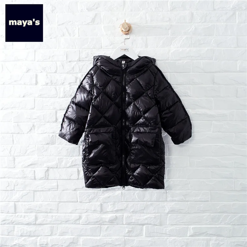 Mayas/белые зимние теплые длинные детские парки новые модные куртки с длинными