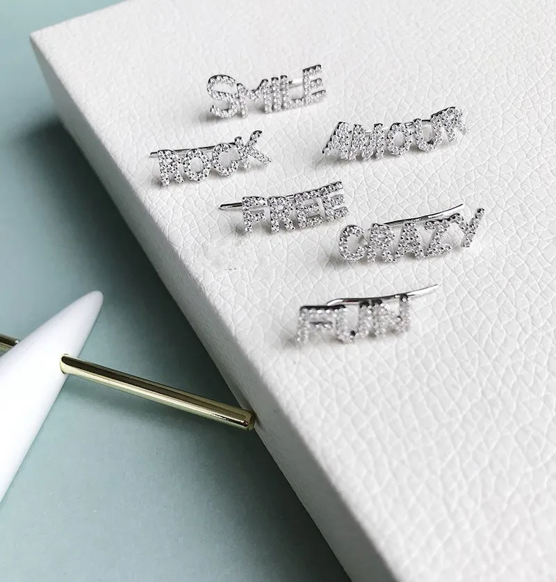 

S925 sterling silver cubic zirconia letter earrings AMOUR SMILE ROCK CRAZY BABY FREE WILD FUN HAPPY LOVE clip earrings