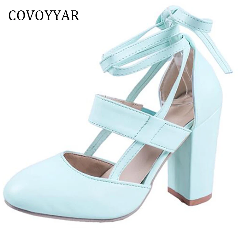 

COVOYYAR 2019 Thick High Heels Women Sandals Spring Summer Ankle Strap Women Pumps Cross Tied Ladies Shoes Big Sizes WHH136