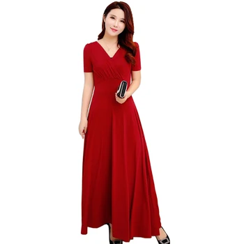 

Spring Short sleeve Long Dress For Girls V-Neck High Waist Elastic Fabric Bohemian Dresses Women Plus Size Casual Modal Dress