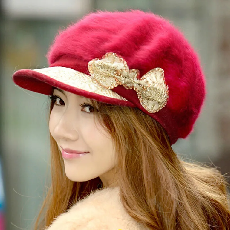 2015 6 colors girl cute design Bow visor rabbit fur winter women beret