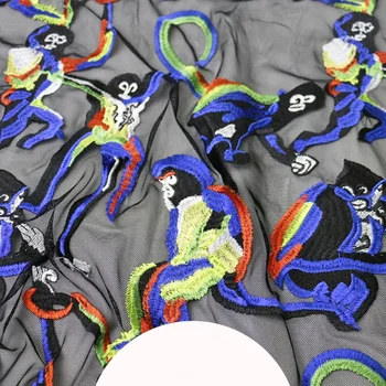 

Monkey orangutan mesh embroidered cloth youthful vitality cartoon flower fashion embroidery fabric