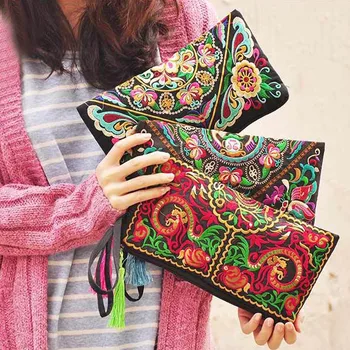 

Women Ethnic National Retro Butterfly Flower Bags Hand Coin Embroidered Lady Clutch Tassel Small Flap