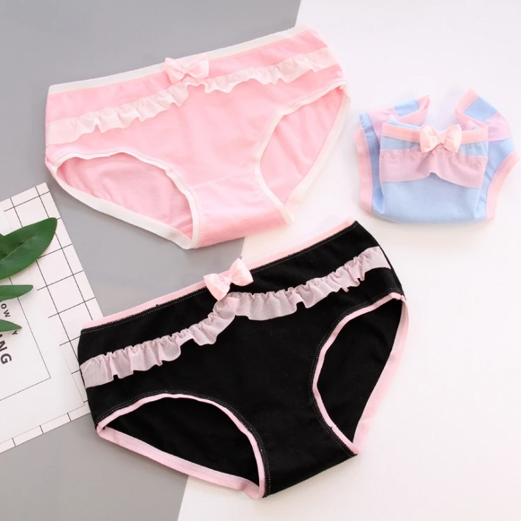 

1 PCS 3 Styles Women Solid Color Ruffles Striped Bow Cotton Briefs Underwear Panties For Woman