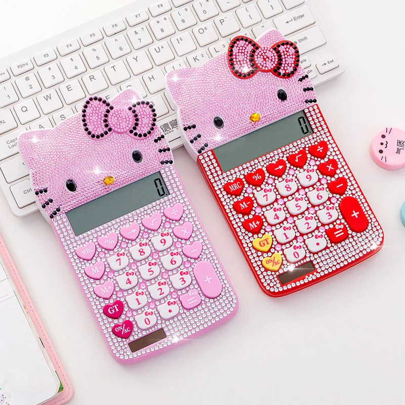 

Portable Hello Kitty Calculator Pink Twinkling 12 Digital Solar Pink Cute Luxury Rhinestone Crystal Diamond Calculator for Girls