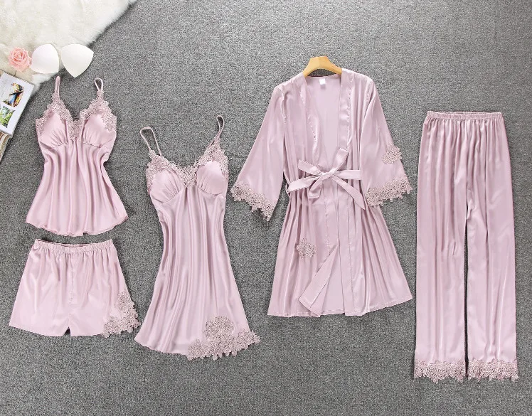Розовая леди 5 шт. ремень топ брюки костюм женщина пижама комплекты одежды для сна Весенняя домашняя ночная рубашка соблазнительное кимоно Халат
