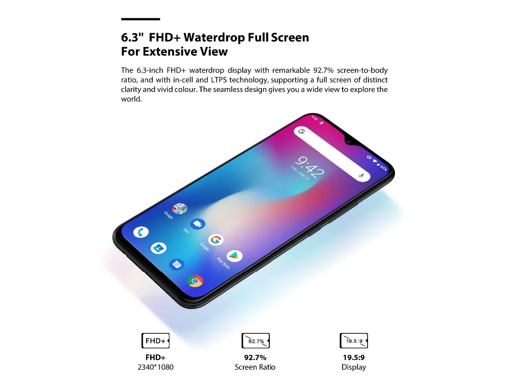 Мобильный телефон UMIDIGI power Android 9,0, глобальная версия, 64 ГБ, 4 Гб, 6,3 дюйма, 16 Мп+ 5 Мп камера, 4G, быстрая зарядка, OTG, NFC, дроп, смартфон